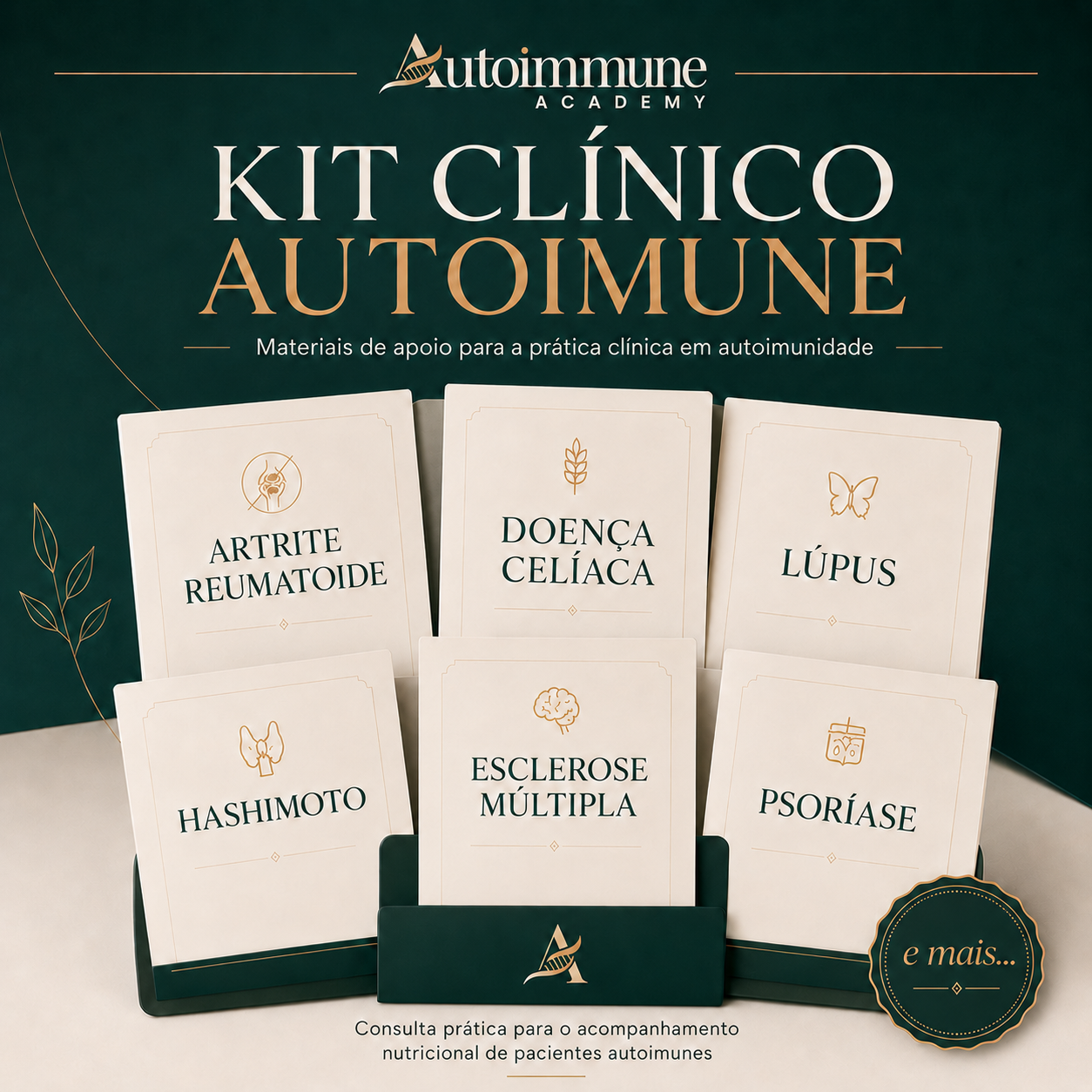Kit Clínico Autoimune: coleção de materiais de apoio para a prática clínica em autoimunidade, com fichas de Artrite Reumatoide, Doença Celíaca, Lúpus, Hashimoto, Esclerose Múltipla e Psoríase.