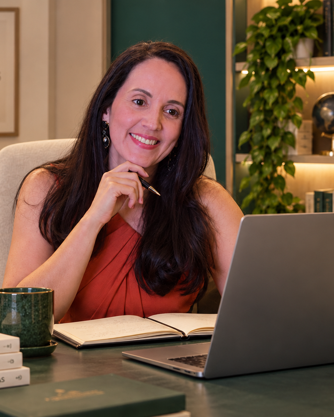 Nutricionista sorrindo em escritório acolhedor, com caderno e notebook, durante a mentoria Autoimune Mentoring.