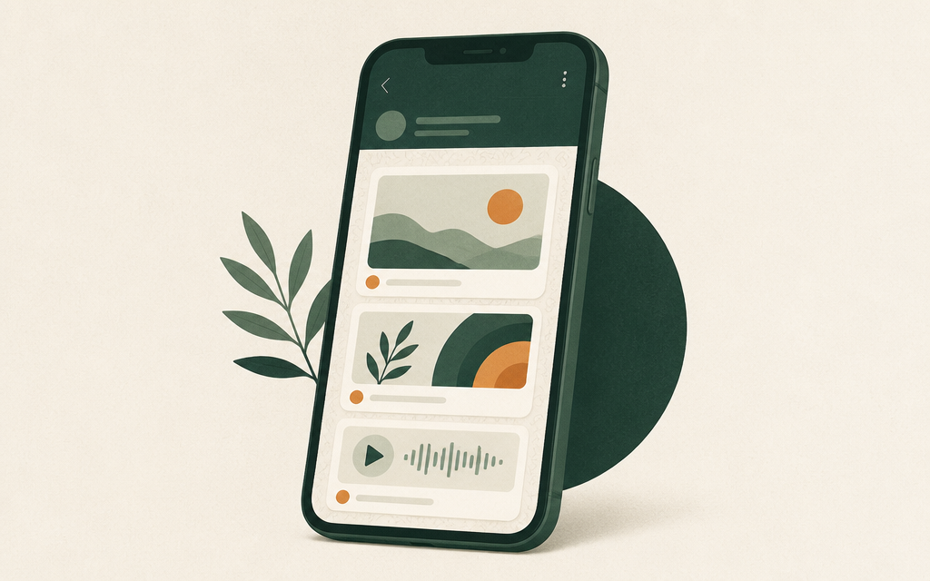 Ilustração editorial minimalista de um smartphone com cards de conteúdo, em verde profundo e marfim com detalhes em laranja.