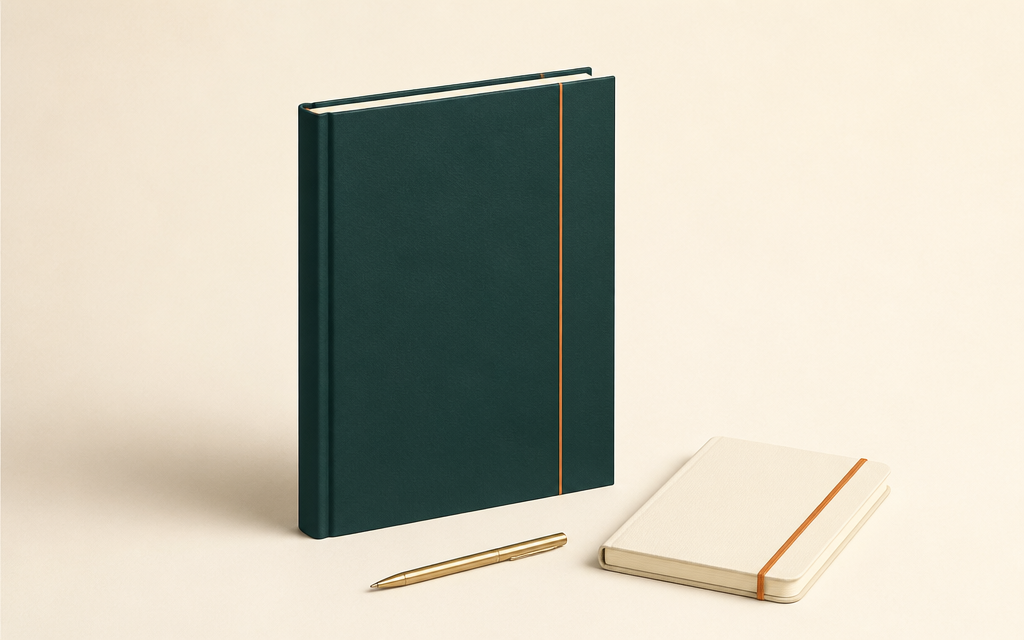 Mockup elegante de e-book verde com caderno e caneta sobre fundo marfim.