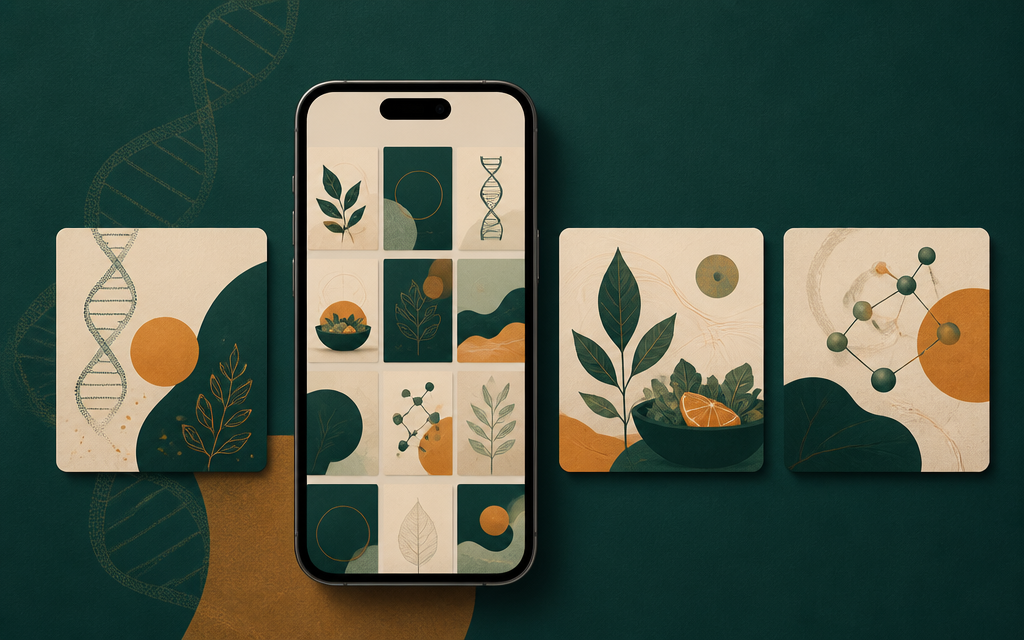 Smartphone com perfil e feed da Academy em verde profundo e laranja.