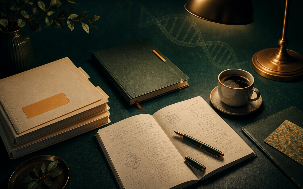 Caderno aberto e caneta sobre superfície verde profundo, em composição editorial minimalista.