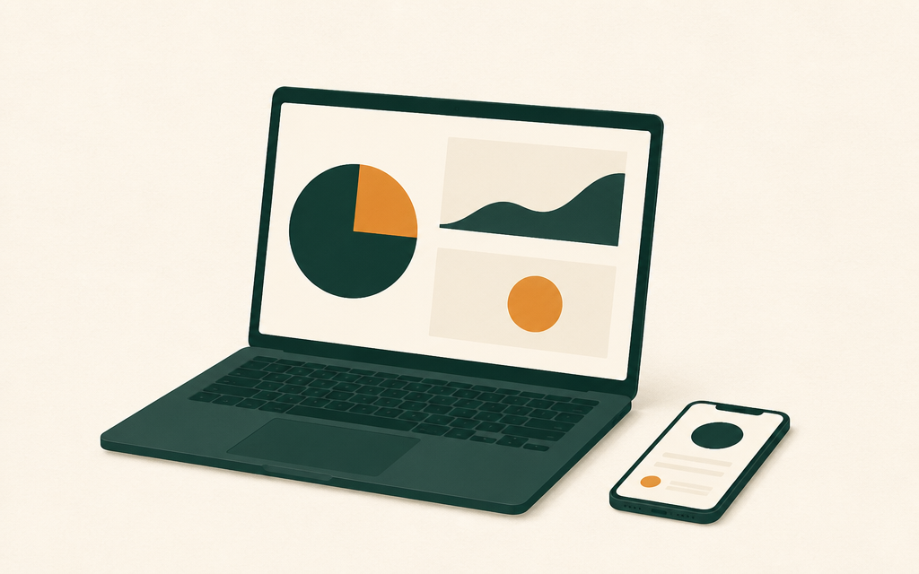 Notebook e smartphone com interface simples, em ilustração editorial limpa em verde profundo e marfim.